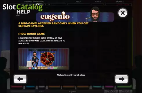 Show bonus game screen. Eugenio slot