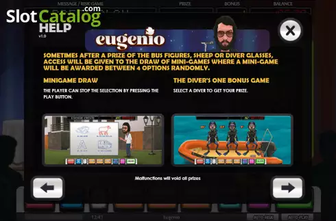 Bonus games screen. Eugenio slot