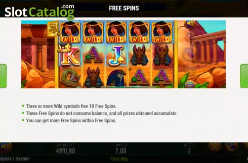 Free Spins screen. Cleopatras Treasure slot