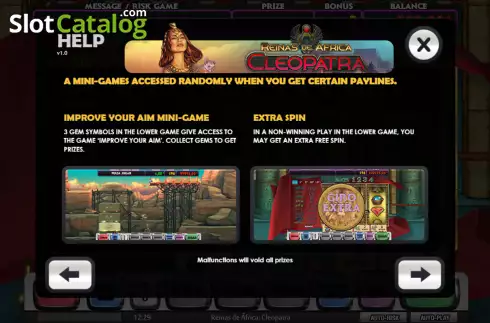 Bonus Mini-Games screen. Reinas de África Cleopatra slot