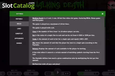 Game Rules screen. Walking death (Macaw Gaming) slot