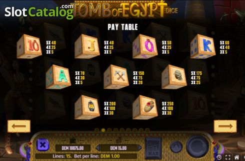 Paytable screen. Tomb of Egypt Dice slot