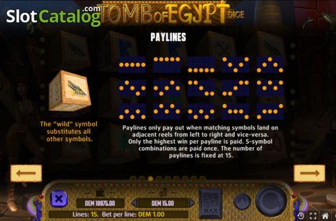 Paylines screen. Tomb of Egypt Dice slot