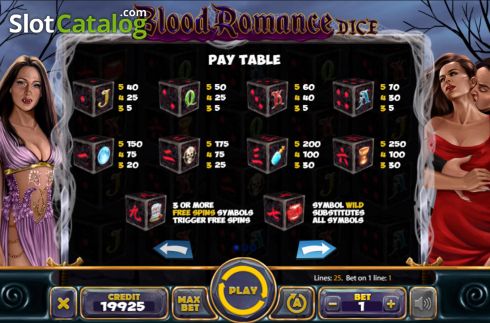 Paytable screen. Blood Romance Dice slot