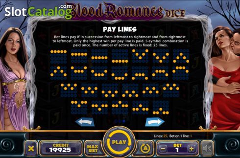 Paylines screen. Blood Romance Dice slot