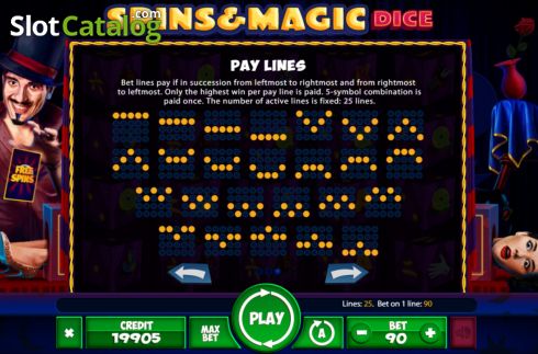 Paylines screen. Spins and Magic Dice slot