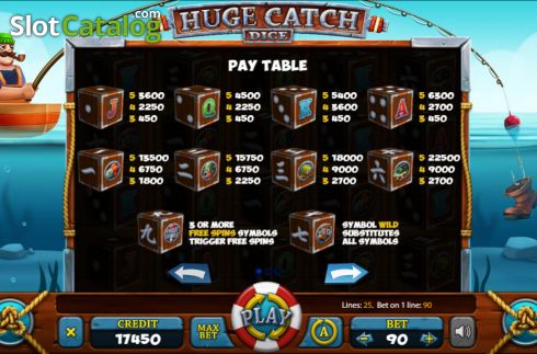 Paytable screen. Huge Catch Dice slot