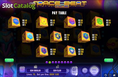 Paytable screen. Space Beat Dice slot