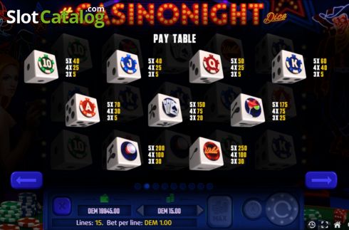 Paytable screen. Casinonight Dice slot