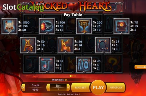 Paytable screen. Wicked Heart slot