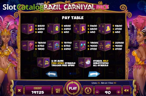 Paytable screen. Brazil Carnival Dice slot
