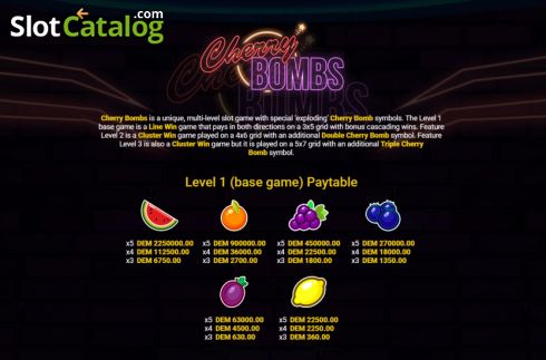 Paytable Base game screen. Cherry Bombs slot