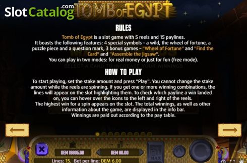 Rules. Tomb of Egypt slot
