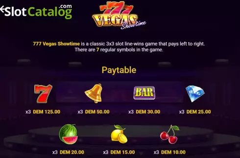 PayTable screen. 777 Vegas Showtime slot