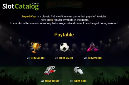 PayTable screen. Superb Cup slot