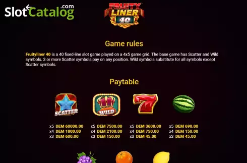 PayTable Screen. Fruityliner 40 slot