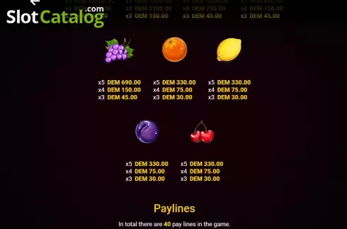 PayTable Screen 2. Fruityliner 40 slot