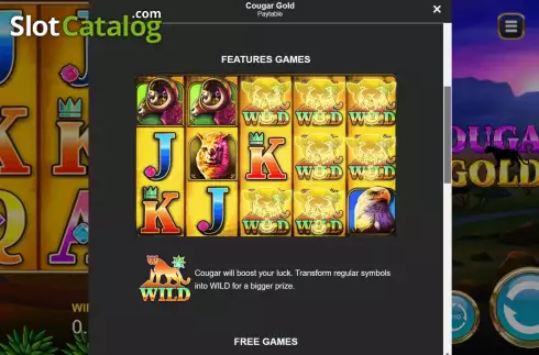 Game Features screen. Cougar Gold slot