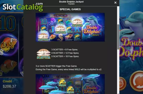 Game Features screen. Double Dolphin Jackpot slot