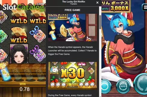 Game Features screen. The Lucky Girl RinRin slot