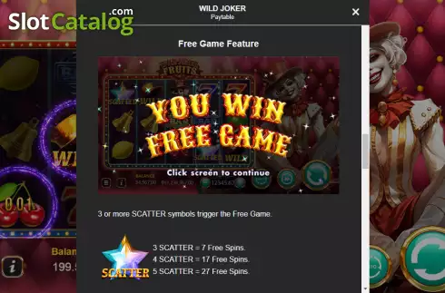 Free Game feature screen. Wild Joker Fruits slot