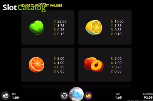 Pay Table screen. Fruit Disco: Megastacks slot