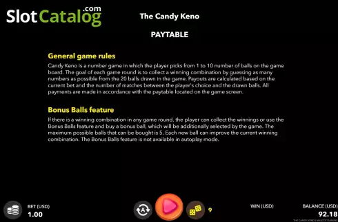 Game Rules screen. The Candy Keno slot