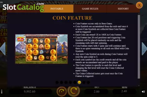 Coin feature screen. Folklore of White Buffalo slot