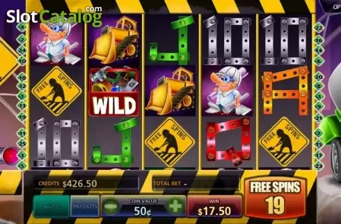 Free Spins screen. Construction Cash slot