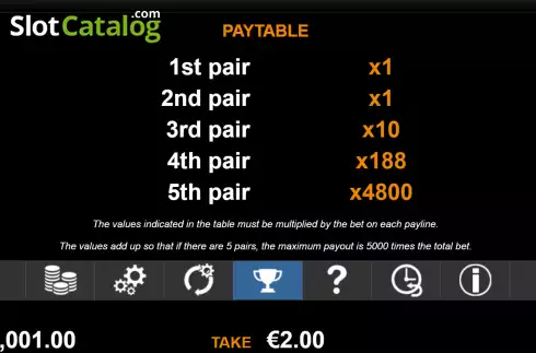 Paytable screen. Special 7 Reveal slot