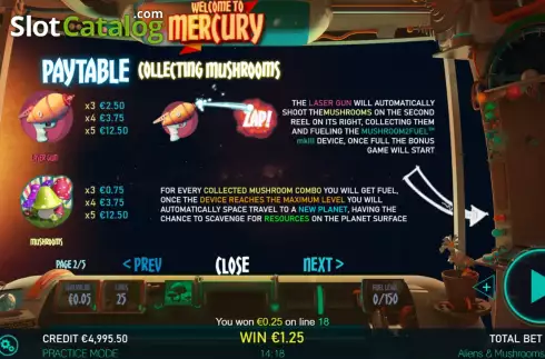 Game Features screen. Aliens and Mushrooms slot