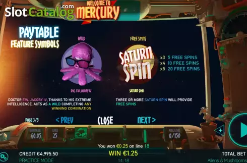Game Features screen 2. Aliens and Mushrooms slot