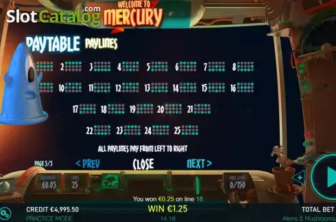 Pay Lines screen. Aliens and Mushrooms slot