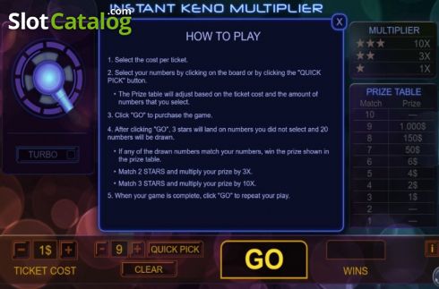 How To Play. Instant Keno Multiplier slot