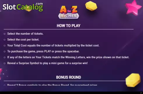 Game Rules screen. A to Z Riches slot