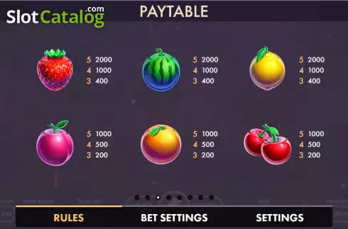Low paytable screen. Inferno Fruits slot