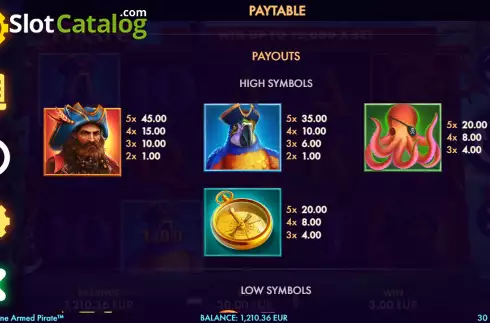 Paytable screen. The One Armed Pirate slot