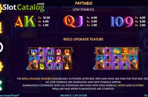 Paytable and features screen. The One Armed Pirate slot
