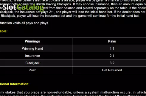 Paytable screen. Blackjack (NetGaming) slot