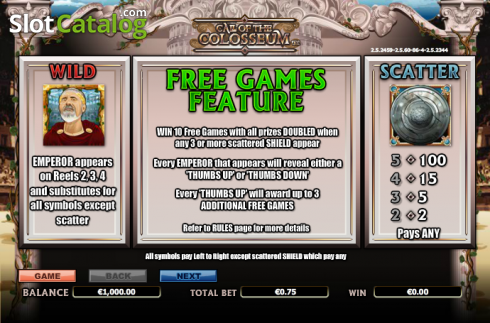 Betalningstabell 1. Call Of The Colosseum slot