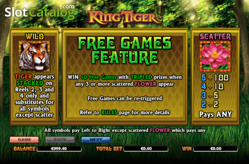 Paytable 1. King Tiger slot