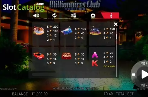 Paytable 2. Millionaires Club Diamond Edition slot
