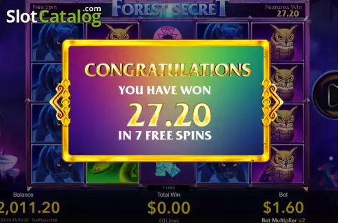 Win Free Spins screen. Forest Secret slot