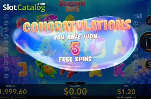 Free Game screen. Dolphin Dive slot