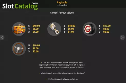 Pay Table screen 3. Highway Bee slot