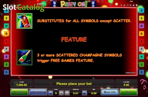 Paytable 2. Party On!	 slot