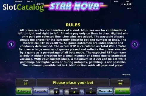 Skärmdump3. Star Nova slot
