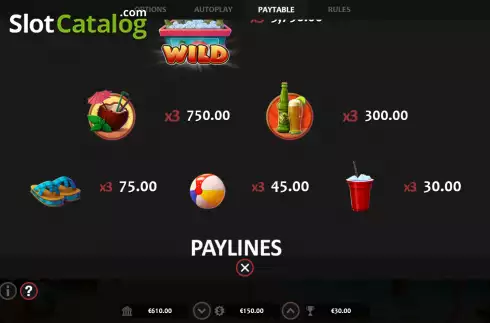 Paytable screen. Party Paradise slot