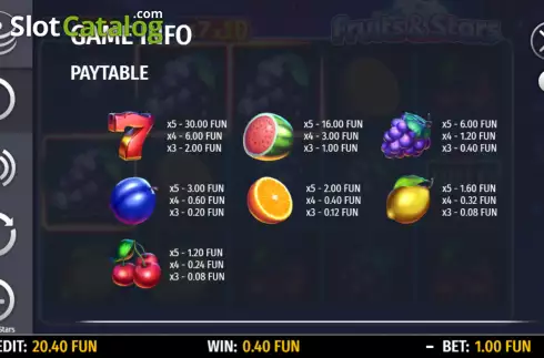 Paytable screen. Fruits and Stars (Octavian Gaming) slot