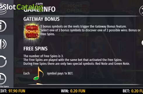 Gateway Bonus and Free Spins screen. Night At The Opera slot